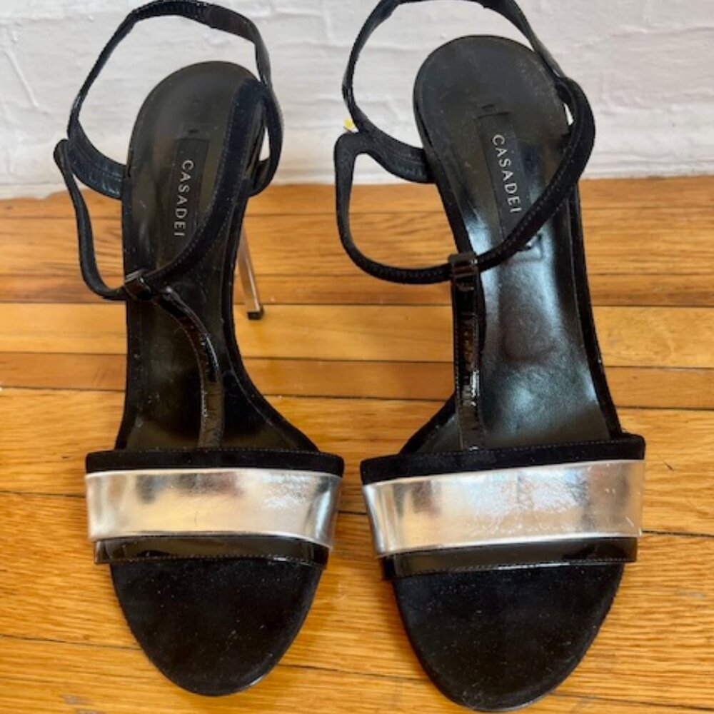 Casadei Black Suede and Silver Sandals Heel